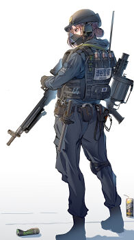 1girl assault_rifle baton baton_(weapon) black_boots black_hat black_pants boots bowl bowl_hat brown_hair can commentary crushed_can cs_gas_grenade daito electroshock_weapon explosive from_behind full_body gas_grenade gloves grenade grenade_launcher gun hair_bun hand_grenade hat highres holding holding_gun holding_weapon holstered less-than-lethal_weapon looking_to_the_side mask milkor_mgl monster_energy mouth_mask original pants police police_uniform revolver_grenade_launcher rifle s.w.a.t. simple_background solo strong_zero stun_baton tactical_clothes tear_gas_grenade weapon weapon_request white_background