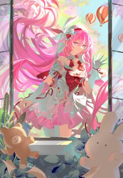 1girl absurdres aircraft beret breasts buchuhutaobugaiming chinese_commentary commentary_request dress elf elysia_(hi_love_elf)_(honkai_impact) elysia_(honkai_impact) gloves hat highres honkai_(series) honkai_impact_3rd hot_air_balloon looking_at_viewer medium_breasts multicolored_dress multicolored_hair pink_dress pink_hair pointy_ears purple_eyes red_dress single_glove smile solo stuffed_animal stuffed_toy teddy_bear thighhighs two-tone_hair white_dress white_gloves white_hair white_thighhighs