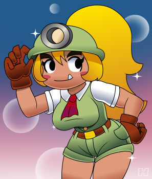 1girl belt belt_buckle black_eyes blonde_hair blue_background blush_stickers breasts brown_belt brown_gloves bubble buckle collared_shirt commentary cowboy_shot english_commentary eyelashes fang gloves goombella gradient_background hand_on_own_hip hat_tip henri_loitiere highres humanization impossible_clothes initial large_breasts looking_to_the_side mario_(series) mining_helmet necktie nintendo no_nose paper_mario paper_mario:_the_thousand-year_door pink_background ponytail red_necktie shirt short_shorts short_sleeves shorts sidelocks solo sparkle thick_eyebrows thighs