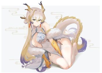1girl absurdres alternate_costume arknights artist_name bare_arms bare_shoulders blonde_hair breasts chinese_clothes chinese_commentary cleavage_cutout closed_mouth clothing_cutout colored_extremities commentary_request covered_navel dated double-parted_bangs dragon_girl dragon_horns dragon_tail dress earrings full_body green_eyes grey_background hair_between_eyes hand_between_thighs highres horns jewelry large_breasts long_sidelocks multicolored_hair no_shoes purple_hair purple_streaks sarea_(sarea2020) shu_(arknights) side-tie_dress sidelocks simple_background sleeveless solo tail thighhighs thighs white_background white_dress white_hair white_thighhighs yellow_hands yellow_horns