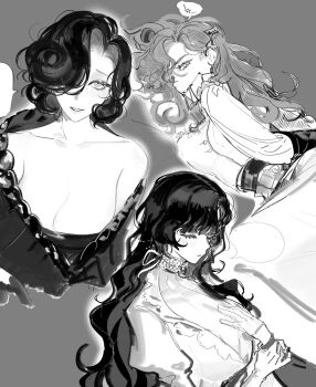 3girls against_wall arms_behind_back black_hair blunt_bangs bound bound_wrists braces breasts brown_hair dress gloves gown grin hair_over_one_eye half-closed_eyes highres huge_breasts isolde_(reverse:1999) jewelry long_hair long_sleeves looking_at_viewer monochrome multiple_girls necklace pearl_necklace puffy_long_sleeves puffy_sleeves reverse:1999 shirt short_hair simple_background single_bare_shoulder single_off_shoulder skirt smile speech_bubble tooth_fairy_(reverse:1999) tuesday_(reverse:1999) upper_body very_long_hair white_shirt