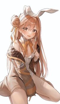 1girl @_@ absurdres animal_ears bare_shoulders between_legs black_survival blush bow bowtie breasts brown_hair brown_jacket clothes_pull detached_collar embarrassed eternal_return:_black_survival fake_animal_ears fang gyogyog hair_bun hairband hand_between_legs highres jacket leotard medium_breasts off_shoulder open_mouth playboy_bunny rabbit_ears ribbon simple_background single_side_bun sitting solo strapless strapless_leotard sweatdrop tearing_up thighs tia_(black_survival) wariza white_background white_leotard yellow_eyes