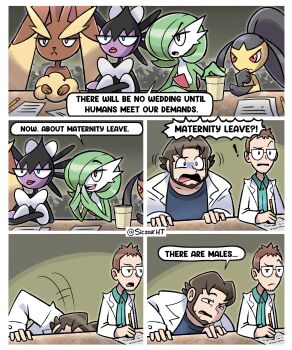 ! absurdres animal_ears animal_nose artist_name beard black_hair black_skin blue_eyes bob_cut body_fur bow brown_fur brown_hair closed_mouth coat colored_skin commentary crossed_arms dress english_commentary english_text engrish_text facial_hair furry gardevoir gen_3_pokemon gen_4_pokemon gen_5_pokemon glasses gothitelle green_hair green_skin hair_over_one_eye highres holding lab_coat lopunny madagascar_(series) mawile multicolored_skin nintendo one_eye_covered open_mouth pokemon pokemon_(creature) pokemon_hgss pokemon_oras professor_birch professor_elm purple_skin rabbit_ears ranguage red_eyes short_hair siczak speech_bubble twitter_username two-tone_fur two-tone_skin white_bow white_skin yellow_skin