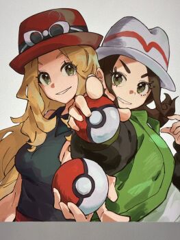 2girls asatte_3z blonde_hair breasts brown_hair eyewear_on_headwear green_eyes green_jacket grin harmony_(pokemon) hat highres holding holding_poke_ball jacket long_hair long_sleeves looking_at_viewer multiple_girls nintendo open_clothes open_jacket open_mouth poke_ball poke_ball_(basic) pokemon pokemon_legends:_z-a pokemon_xy red_hat red_skirt serena_(pokemon) shirt short_hair simple_background skirt sleeveless sleeveless_shirt smile sunglasses upper_body white-framed_eyewear white_hat white_shirt