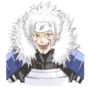 1boy 5_7_3 armor blue_armor breastplate commentary_request facial_mark flak_jacket forehead_protector happuri highres hokage jacket japanese_armor konohagakure_symbol looking_at_viewer male_focus naruto_(series) naruto_shippuuden red_eyes senju_tobirama short_hair shoulder_armor simple_background smile sode solo spiked_hair tsurime upper_body v-shaped_eyebrows white_background white_hair
