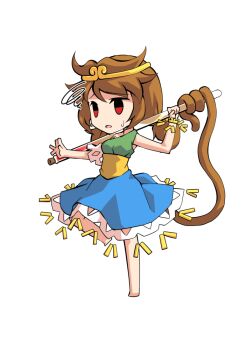 Rule 34 | 1girl, barefoot, blue skirt, breasts, brown hair, chibi, chibi only, circlet, commentary request, dairi, full body, green shirt, holding, holding test tube, large variant set, low twintails, medium hair, monkey tail, red eyes, shirt, simple background, skirt, solo, son biten, standing, standing on one leg, tachi-e, tail, test tube, touhou, transparent background, twintails, variant set
