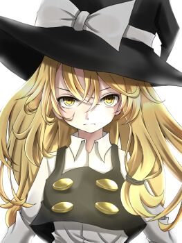 1girl black_hat black_vest blonde_hair bow closed_mouth collared_shirt commentary_request hair_between_eyes hat hat_bow kararage_tsune kirisame_marisa long_hair shirt simple_background solo touhou upper_body vest white_background white_bow white_shirt witch_hat yellow_eyes