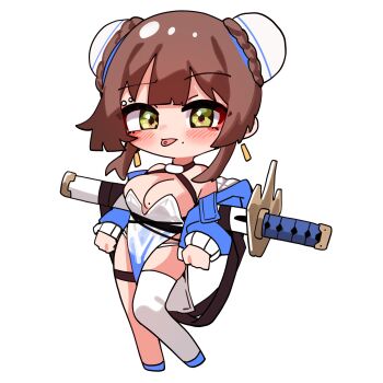 1girl absurdres bare_shoulders black_choker blue_dress blue_jacket blush braid braided_bun breasts brown_hair bun_cover chaos_zero_nightmare chibi choker cleavage cropped_jacket double_bun dress gradient_clothes gradient_dress hair_bun hair_ornament hashtag-only_commentary highres holding_strap huge_weapon jacket jadea5124 large_breasts looking_at_viewer mole mole_on_breast mole_under_mouth off_shoulder open_clothes open_jacket open_mouth panty_straps pelvic_curtain piercing short_hair_with_long_locks single_thighhigh smile solo strapless strapless_dress sword thigh_strap thighhighs tongue tongue_out tongue_piercing weapon weapon_strap yellow_eyes yuki_(chaos_zero_nightmare)
