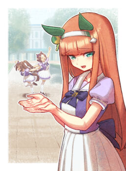 3girls animal_ears bad_tag blue_eyes blunt_bangs blush bow bowtie braid breasts brown_hair closed_eyes collarbone commentary_request creape domino_mask ear_bow ear_covers el_condor_pasa_(umamusume) eye_mask green_eyes hair_between_eyes hair_ornament hairband half_up_braid highres hime_cut horse_ears horse_girl horse_tail horseshoe_ornament long_hair mask medium_breasts multicolored_hair multiple_girls open_mouth orange_hair outdoors pleated_skirt ponytail puffy_short_sleeves puffy_sleeves purple_bow purple_bowtie purple_shirt sailor_collar school_uniform shirt short_hair short_sleeves silence_suzuka_(umamusume) skirt small_breasts smile special_week_(umamusume) tail thighhighs tracen_school_uniform two-tone_hair umamusume white_hair white_hairband white_skirt white_thighhighs zettai_ryouiki