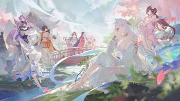 6+girls animal_ears barefoot blue_eyes breasts bridge brown_hair character_request cleavage closed_mouth club_(weapon) commentary_request day dress falling_petals hand_on_own_cheek hand_on_own_face haori highres holding holding_club holding_umbrella holding_weapon japanese_clothes kalpa_of_universe knee_up korean_commentary large_breasts long_hair long_sleeves looking_at_another looking_at_viewer medium_hair modare mountain multiple_girls official_art orange_haori orange_skirt outdoors partially_submerged petals pink_dress pink_eyes purple_eyes purple_hair red_dress red_eyes river sitting skirt smile standing umbrella walking weapon white_dress white_hair yellow_dress yellow_eyes