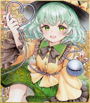 Rule 34 | 1girl, artist name, black bow, black bowtie, black hat, blush, bow, bowtie, buttons, commentary request, copyright name, diamond button, eyeball, floral print, frilled shirt collar, frilled sleeves, frills, green eyes, green hair, green skirt, hat, hat bow, heart, heart of string, komeiji koishi, long sleeves, looking at viewer, open mouth, print skirt, rose print, s.mamiya, shirt, skirt, smile, solo, third eye, touhou, traditional media, wide sleeves, yellow bow, yellow shirt