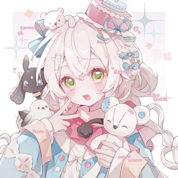 1girl :d absurdres artist_name bird blue_bow blue_jacket blue_ribbon blush border bow commission crossed_bangs cyano dated double-parted_bangs green_eyes grey_hair hair_between_eyes hair_bow hat highres holding holding_stuffed_toy jacket long_hair long_sleeves mihuashi_commission open_clothes open_jacket open_mouth original outside_border pink_background pink_hat portrait ribbon shirt smile solo sparkle stuffed_animal stuffed_toy watermark white_border white_shirt