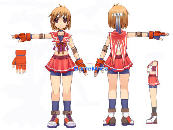 2girls ankle_boots ankle_socks artist_request belt belted_skirt bike_shorts black_choker black_socks blouse blue_gloves blue_headband blue_shorts blue_socks blunt_bangs boots brown_eyes choker closed_mouth collared_shirt commentary_request crop_top cropped_shirt dot_nose dual_persona elbow_pads fingerless_gloves fingernails from_behind glove_cuffs gloves headband highres korean_commentary legs_apart light_smile looking_at_viewer midriff mma_gloves multiple_girls multiple_views narrow_waist navel official_art open_hands pleated_skirt production_art purple_shirt red_belt red_gloves red_ribbon red_sailor_collar red_skirt reference_sheet ribbon sailor_collar shirt shorts simple_background skinny skirt sleeveless sleeveless_shirt socks standing straight-on third-party_source torn_clothes torn_skirt turnaround watermark web_address white_background white_boots yogurting