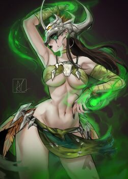 1girl absurdres arialla_draws arm_wrap bandeau black_hair black_lips breasts collar earrings green_bandeau green_collar hela_(marvel) hela_(savage_monarch)_(marvel) highres hoop_earrings jewelry lipstick looking_at_viewer makeup marvel marvel_rivals medium_breasts navel official_alternate_costume pelvic_curtain skull_on_head solo thor_(marvel)_(series)