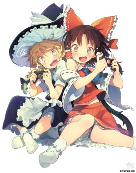 2girls apron ascot black_bow black_dress black_hat blonde_hair blue_ascot blush bow braid brown_hair commentary controller crossed_ankles detached_sleeves dress eye_reflection frilled_apron frilled_bow frilled_hair_tubes frilled_hat frilled_skirt frills game_controller hair_tubes hakurei_reimu hat highres holding holding_controller kirisame_marisa mini-hakkero morino_hon multiple_girls orb parted_bangs playing_games red_bow red_shirt red_skirt reflection ribbon-trimmed_sleeves ribbon_trim shirt short_sleeves shoving single_braid sitting skirt sleeveless sleeveless_shirt smile socks spiral symbol-only_commentary teeth touhou upper_teeth_only white_apron white_sleeves wide_sleeves witch_hat yellow_eyes yin_yang yin_yang_orb
