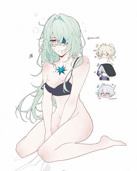 Rule 34 | 1girl, 3boys, anaxa (honkai: star rail), anger vein, barefoot, between legs, bite mark, bite mark on breast, bite mark on neck, bite mark on shoulder, bite mark on thigh, black bra, black hoodie, blonde hair, blue eyes, bottomless, bra, breasts, chibi, chibi inset, cleavage, closed eyes, closed mouth, commentary, corrupted twitter file, english commentary, english text, eyepatch, flame reaver of the deepest dark, full body, genderswap, genderswap (mtf), green hair, hair between eyes, hair in own mouth, hair intakes, hand between legs, hetero, hickey, highres, holding, holding brush, holding spatula, honkai: star rail, honkai (series), hood, hoodie, implied after sex, long hair, medium breasts, multicolored eyes, multiple boys, multiple persona, nao kii, one eye covered, phainon (honkai: star rail), phainon (khaslana) (honkai: star rail), pink eyes, purple eyes, short hair, simple background, sitting, solo focus, spatula, squeans, squiggle, strap slip, two-tone eyes, underwear, underwear only, very long hair, wariza, white background, white hair