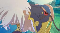1girl 3d amplected animated anus anus_peek ass ass_shake blazblue blazblue:_chronophantasma bouncing_breasts breasts bullet_(blazblue) cleavage dark-skinned_female dark_skin denim denim_shorts denim_thong bad_tag gauntlets huge_ass jiggle large_breasts outdoors revealing_clothes short_hair shorts tagme thick_thighs thighs video weapons wide_hips