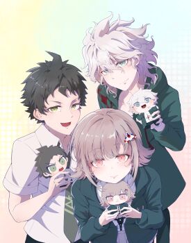1girl 2boys :d absurdres ahoge black_jacket breast_pocket brown_eyes brown_hair brown_skirt character_doll closed_mouth commentary_request danganronpa_(series) danganronpa_2:_goodbye_despair doll dress_shirt flipped_hair green_jacket green_necktie grey_eyes hair_between_eyes hair_ornament highres hinata_hajime holding holding_doll jacket komaeda_nagito long_sleeves looking_at_viewer lower_teeth_only male_focus medium_hair messy_hair multiple_boys nanami_chiaki necktie open_clothes open_jacket open_mouth pink_eyes pleated_skirt pocket print_shirt qiyi_7117 shirt short_hair skirt smile teeth tongue upper_body white_background white_shirt