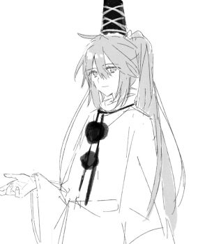 Rule 34 | 1girl, closed mouth, greyscale, hair between eyes, hand up, hat, high ponytail, japanese clothes, kariginu, long hair, long sleeves, looking at viewer, monochrome, mononobe no futo, pom pom (clothes), ponytail, sidelocks, simple background, smile, solo, tate eboshi, touhou, turtleneck, upper body, wide sleeves, wssjzwcmd