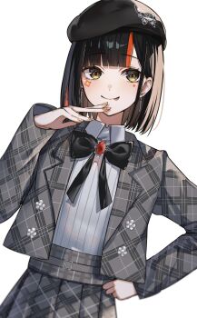 Rule 34 | 1girl, :p, beret, black hair, blunt bangs, blunt ends, bob cut, bow, choya hanabi, choya hanabi (2nd costume), commentary, earrings, hand on own hip, hat, highres, jacket, jewelry, multicolored hair, open clothes, open jacket, pleated skirt, red hair, revision, ringozeri, short hair, skirt, smile, solo, streaked hair, symbol-only commentary, symbol-shaped pupils, tongue, tongue out, virtual youtuber, vspo!, x-shaped pupils, yellow eyes