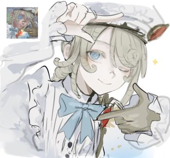 Rule 34 | ! (rsa yuhr), 1boy, androgynous, beret, bishounen, blonde hair, blue bow, blue bowtie, blue eyes, bow, bowtie, colored extremities, derivative work, drill hair, drill ponytail, edgar valden, edgar valden (golden ratio), finger frame, frilled sleeves, frills, game screenshot inset, hat, highres, identity v, looking at viewer, male focus, official alternate costume, one eye closed, portrait, shirt, sidelocks, smile, solo, white hat, white shirt