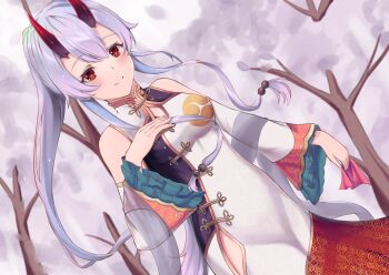 1girl blush breasts china_dress chinese_clothes detached_sleeves dress dutch_angle fate/grand_order fate_(series) hair_between_eyes heroic_spirit_traveling_outfit highres horns huge_filesize long_dress long_hair looking_at_viewer medium_breasts oni_horns red_eyes red_horns silver_hair sleeveless sleeveless_dress smile solo tapume tomoe_gozen_(fate) tomoe_gozen_(traveling_outfit)_(fate) tree very_long_hair white_dress white_sleeves wide_sleeves