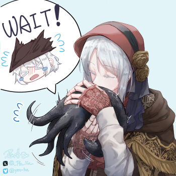 Rule 34 | 1girl, 1other, absurdres, ascot, black hat, bloodborne, bonnet, cloak, closed eyes, coat, doll joints, fingerless gloves, gloves, hat, hat ornament, highres, hunter (bloodborne), hunter (great one) (bloodborne), joints, medium hair, pin.s, plain doll, red ascot, red bonnet, speech bubble, sweatdrop, tagme, tears, tentacles, white hair