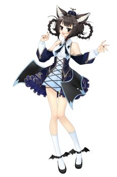 1girl 2000s_(style) absurdres animal_ears bat_ears bat_girl black_hair black_shoes blue_corset blue_dress blue_necktie blunt_bangs braid braided_hair_rings breasts corset crown detached_sleeves dress fang frilled_dress frills full_body gothic_lolita grey_eyes hair_ornament hair_rings highres idoloid kiyoko_(utau) lolita_fashion looking_at_viewer medium_breasts mini_crown necktie non-web_source official_art open_mouth parody shoes short_hair simple_background skin_fang sleeveless sleeveless_dress socks solo standing style_parody tachi-e transparent_background treebarkagain utau white_socks wing_hair_ornament winged_shoes wings