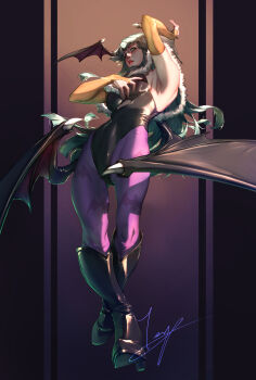 1girl absurdres animal_print bat_print black_boots black_leotard boots breasts bridal_gauntlets darkstalkers demon_wings full_body green_eyes green_hair head_wings highres large_breasts leotard long_hair looking_at_viewer morrigan_aensland orange_bridal_gauntlets pantyhose parted_lips purple_pantyhose solo teppu_tora wings