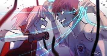 1boy 1girl black_gloves blurry clenched_teeth commentary doll_joints evil_smile forehead_protector gloves green_eyes hairband haruno_sakura highres joints may_c naruto_(series) naruto_shippuuden pink_hair punching puppet_strings red_eyes red_hair red_hairband red_vest sasori_(naruto) signature smile symbol-only_commentary teeth vest