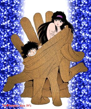 Rule 34 | 1boy, 1girl, aoba shunsuke, asaoka natsumi, black eyes, brown eyes, brown gloves, commentary request, copyright name, covering privates, glint, glove in mouth, gloves, hairband, height difference, highres, long hair, looking at another, miura mitsuru, mouth hold, nude cover, official artist extra, open mouth, oversized gloves, pink hairband, short hair, smile, teeth, the kabocha wine, upper teeth only