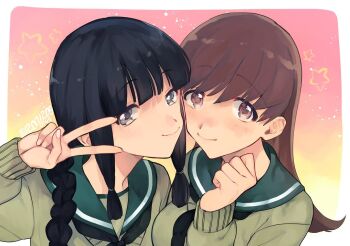 Rule 34 | 2girls, black hair, black neckerchief, braid, breasts, brown eyes, brown hair, cardigan, dated, green cardigan, green sailor collar, grey eyes, hair over one eye, kantai collection, kitakami (kancolle), long hair, long sleeves, looking at viewer, multiple girls, nakagomiyuki415, neckerchief, ooi (kancolle), sailor collar, school uniform, serafuku, sidelocks, simple background, single braid, smile, star (symbol), upper body, v