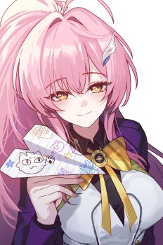 Rule 34 | 1girl, aemeath (wuthering waves), ahoge, bow, bowtie, breasts, closed mouth, commentary, fingernails, hair intakes, hand up, highres, holding, holding paper airplane, jacket, kyundoo, long hair, long sleeves, looking at viewer, medium breasts, orange eyes, paper airplane, pink hair, ponytail, purple jacket, simple background, smile, solo, star-shaped pupils, star (symbol), symbol-shaped pupils, upper body, white background, wuthering waves, yellow bow, yellow bowtie