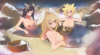 absurdres black_hair blonde_hair blush breasts brown_hair choko_(cup) completely_nude crossover cup disgaea eunie_(xenoblade) final_fantasy final_fantasy_vii final_fantasy_vii_ever_crisis finger_to_mouth head_wings highres large_breasts looking_at_viewer maikurorensu makai_senki_disgaea_2 multiple_crossover nude onsen pointy_ears rock rozalin same-sex_bathing shared_bathing snow steam tifa_lockhart tifa_lockhart_(bahamut_suit) wings xenoblade_chronicles_(series) xenoblade_chronicles_3