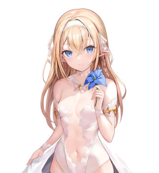 1girl armlet blonde_hair blue_eyes blue_flower braid breasts clothing_cutout clothing_request commentary_request danshi_kinsei_game_sekai_de_ore_ga_yarubeki_yuiitsu_no_koto_yuri_no_ma_ni_hasamaru_otoko_to_shite_tensei_shite_shimaimashita elf flower frilled_hairband frills gold_armlet hairband haishiki holding holding_flower jewelry lapis_crue_la_lumette long_hair long_pointy_ears navel official_art pointy_ears revealing_clothes ribbon small_breasts solo waist_cape white_background white_hairband white_ribbon