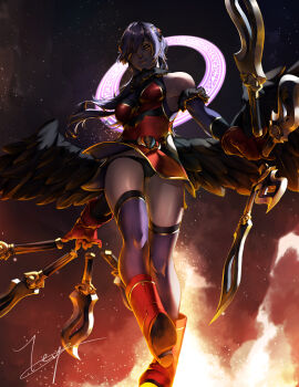 1girl absurdres arm_warmers black_hair black_pantyhose boots breasts closed_mouth clothes_lift feathered_wings felmina floating floating_object floating_weapon gloves highres long_hair looking_at_viewer magic_circle medium_breasts miniskirt pantyhose purple_hair purple_thighhighs realistic red_boots red_gloves red_shirt red_skirt shinrabanshou shirt skirt skirt_lift sky solo star_(sky) starry_sky teppu_tora thighhighs wind wind_lift wings yellow_eyes