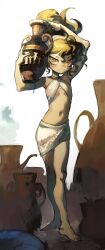 Rule 34 | 1girl, :/, barefoot, black hair, breasts, brown eyes, clothing request, full body, hair up, highres, holding vase, long hair, looking at viewer, original, robomb, small breasts, solo, vase