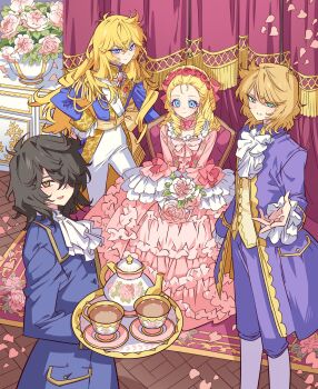 2boys 2girls andre_grandier ascot black_hair blonde_hair blue_eyes blue_jacket brown_eyes brown_hair closed_mouth cup curtains dress drill_hair epaulettes flower frilled_dress frills full_body hair_flower hair_ornament hair_over_one_eye hand_on_own_hip hans_axel_von_fersen highres holding holding_tray indoors jacket long_hair long_sleeves looking_at_viewer marie_antoinette_(versailles_no_bara) meremero multiple_boys multiple_girls open_mouth oscar_francois_de_jarjayes pants petals pink_dress purple_pants short_hair sitting sitting_on_throne smile standing teacup teapot tray versailles_no_bara white_ascot white_pants