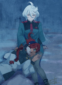 Rule 34 | 2girls, asticassia school uniform, black hairband, black pantyhose, blue eyes, closed mouth, commentary request, green jacket, green shorts, grey eyes, gundam, gundam suisei no majo, hairband, hand on another's face, hand on another's thigh, highres, jacket, lap pillow, long hair, looking at viewer, miorine rembran, monto (user dmde2437), multiple girls, pantyhose, parted lips, ponytail, red hair, school uniform, shorts, sitting, suletta mercury, white hair, white jacket, yuri