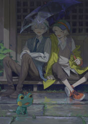 Rule 34 | 1boy, 2boys, absurdres, bishounen, blue necktie, closed eyes, coat, collared shirt, commentary request, creature, crossed ankles, crossed arms, eyelashes, fang, fantasy, frog, full body, grass, grey hair, grey vest, hair between eyes, happy, hat, highres, holding, holding umbrella, knees up, looking at another, male focus, multiple boys, necktie, open clothes, open coat, open mouth, original, outdoors, pants, porch, rain, shirt, shoes, short hair, sitting, smile, sneakers, sweater vest, torino kawazu, transparent, transparent umbrella, umbrella, vest, white hair, yellow coat