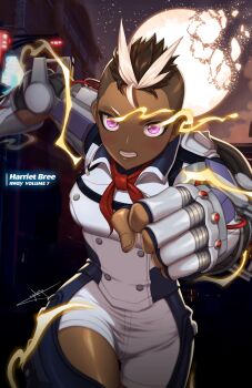 1girl blonde_hair broken_moon brown_hair character_name clenched_hand commentary copyright_name dark-skinned_female dark_skin electricity english_commentary harriet_bree highres mohawk moon multicolored_hair neckerchief night official_art pink_eyes red_neckerchief rwby shirt short_hair shorts signature sky solo star_(sky) two-tone_hair uyalago very_short_hair white_shirt white_shorts