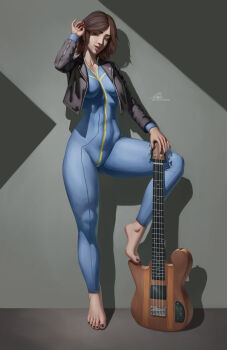 1girl barefoot black_eyes black_jacket black_nails blue_jumpsuit breasts brown_hair commentary commission daek64 electric_guitar english_commentary fallout fallout_4 full_body guitar highres instrument jacket jumpsuit long_sleeves medium_breasts nail_polish shadow short_hair solo standing standing_on_one_leg tiptoes toenail_polish toenails toes vault_girl