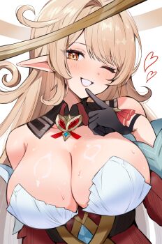1girl alice_(genshin_impact) black_gloves blonde_hair blush breasts brown_eyes cleavage commentary_request detached_collar detached_sleeves enipa_28 finger_to_mouth genshin_impact gloves grin hand_up heart highres large_breasts lipgloss long_hair looking_at_viewer one_eye_closed pointy_ears ring_light_reflection shiny_skin sidelocks smile solo sweat swept_bangs upper_body yellow_eyes