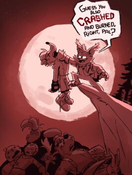 1girl 6+boys @_@ absurdres artist_name banjo-kazooie banjo_(banjo-kazooie) bubsy bubsy_(character) cliff commentary cosmicleafarts crash_bandicoot crash_bandicoot_(series) crossover defeat english_commentary english_text fangs fingerless_gloves full_moon furry furry_male gloves highres kaze_no_klonoa kazooie_(banjo-kazooie) klonoa little_big_planet looking_at_another mega_man_(character) mega_man_(classic) mega_man_(series) monochrome moon multiple_boys multiple_crossover neck_grab necktie open_clothes open_mouth open_shirt outdoors pac-man pac-man_(game) rayman rayman_(series) red_theme sackboy shoes shorts smile sneakers speech_bubble spyro_(series) spyro_the_dragon trait_connection untied_shoelaces x_x