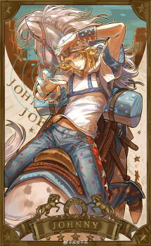 1boy absurdres bandana blonde_hair blue_eyes blue_lips blue_nails border bridle bright_pupils brown_border brown_shoes character_name chinese_commentary closed_mouth commentary_request copyright_name denim highres horse horseback_riding jeans johnny_joestar jojo_no_kimyou_na_bouken looking_at_viewer male_focus midriff_peek ornate_border pants riding saddle saddle_blanket shading_eyes shirt shoes sitting sitting_backwards slow_dancer_(jojo) spurs star_(symbol) star_print steel_ball_run stirrups_(riding) watermark weibo_watermark wrist_guards yu_anle_bu_le