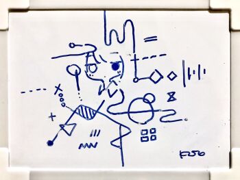 Rule 34 | 1girl, abstract, blue theme, closed mouth, collared shirt, colo (frypan soul), dot mouth, heterochromia, highres, looking at viewer, monochrome, original, shirt, signature, solo, traditional media, white background, whiteboard (medium)