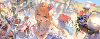 Rule 34 | 1girl, :d, antenna hair, blue eyes, cake, cake slice, candle, candlestand, chair, cherry, commentary request, cookie, crown, cupcake, day, dress, eating, eyelashes, fence, flower, food, fork, frilled dress, frills, from above, fruit, hair ribbon, highres, holding, holding fork, jewelry, korean commentary, long hair, looking at viewer, mini crown, off-shoulder dress, off shoulder, on chair, open mouth, orange hair, original, outdoors, pillow, plate, ribbon, smile, smug, solo, tea, teapot, teeth, tongue, tsurime, upper teeth only, white dress, white ribbon, yp1091