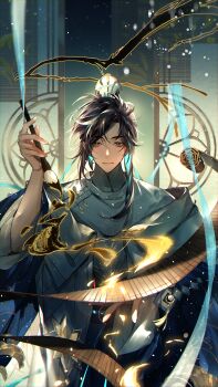 Rule 34 | 1boy, absurdres, aegyo sal, aqua hair, bamboo screen, bamboo slips, black hair, blue cloak, blue ribbon, branch, bu ye, calligraphy brush, cloak, closed mouth, colored inner hair, hand up, high ponytail, highres, holding, holding calligraphy brush, holding paintbrush, hua yi shanxin zhiyue, ink, light particles, light smile, long hair, long sleeves, looking at viewer, male focus, mole, mole above eye, mole on cheek, multicolored hair, orange eyes, paintbrush, ponytail, ribbon, robe, see-through ribbon, sliding doors, smile, snowing, solo, straight-on, swept bangs, tassel, upper body, white robe, xiao guan (headdress), yuanlingpao, zishengtian123