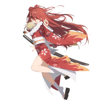 1girl ahoge alastor_(shakugan_no_shana) alternate_costume alternate_hairstyle bread cherry_blossom_print chinese_commentary closed_mouth commentary_request eyes_visible_through_hair floating_clothes floating_hair floral_print floral_print_kimono food food_in_mouth from_side full_body fur-trimmed_kimono fur_trim hair_between_eyes hair_bun hand_up highres japanese_clothes jewelry katana kimono long_hair long_sleeves looking_at_viewer melon_bread nail_polish newflame partial_commentary pendant print_kimono red_eyes red_hair red_kimono red_nails sandals sash shakugan_no_shana shana simple_background single_side_bun socks solo sword tsurime v-shaped_eyebrows very_long_hair weapon white_background white_sash white_socks wide_sleeves yukata