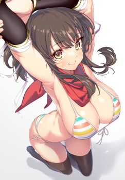 1girl absurdres armor armpits ass asuka_(senran_kagura) bandaged_arm bandages bikini black_hair black_thighhighs blush breasts brown_eyes butt_crack cleavage closed_mouth front-tie_bikini_top front-tie_top gradient_background grey_background hair_between_eyes hair_ribbon highres hong_(white_spider) japanese_armor kote kurokote large_breasts looking_at_viewer median_furrow multicolored_bikini multicolored_stripes paid_reward ponytail rainbow_bikini red_scarf ribbon scarf senran_kagura senran_kagura_shoujo-tachi_no_shin&#039;ei shiny_skin short_ponytail side-tie_bikini_bottom sidelocks smile solo standing stretching striped_bikini striped_clothes swept_bangs swimsuit thighhighs white_background white_ribbon